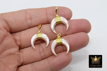 Crescent Moon Charms, Pink Beige Mini Double Horn Charms, Gunmetal Black Plated Wire Wrapped Natural Shell Pendants DIY Jewelry Supplies - A Girls Gems